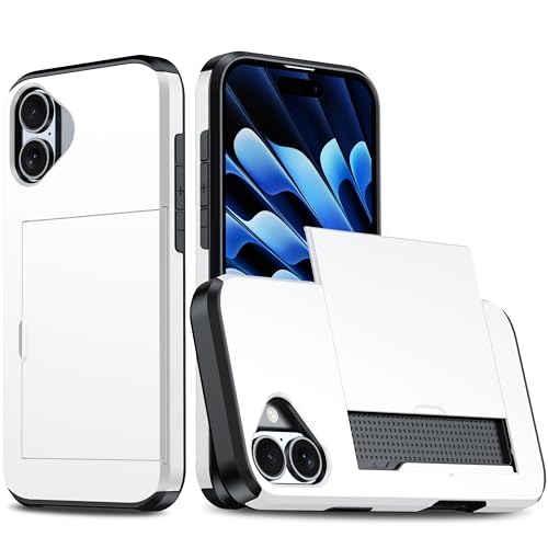 Slide Card Case für iPhone 16 mit Kreditkartenfach, erhöhter Rahmen, doppellagige Stoßdämpfung, solider Bumper, Weiß von iTape