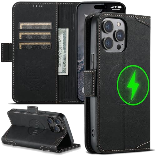 Wallet Case für iPhone 15 Pro Magsafe Ladegerät kompatibel, Magnetschnalle Lederhülle, Kartenfach Ständer Shock Cover Schwarz von iTape