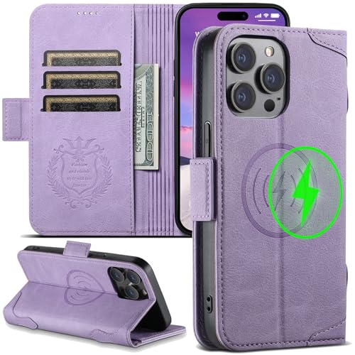 iTape Wallet Case für iPhone 15 Pro Magsafe Ladegerät kompatibel, Magnetschnalle Ledertasche Kartenfach Ständer Shock Cover Lila von iTape