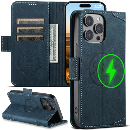 Wallet Case für iPhone 15 Pro Max Magsafe Ladegerät kompatibel, Magnetschnalle Ledertasche Kartenfach Ständer Shock Cover Blau von iTape