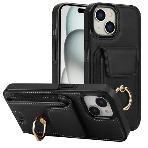 Wallet Case für iPhone 15 mit Kartenschlitz, 360° drehbarer Ringschnallenständer, stoßfeste Handyhülle, Münzgeldbörse, Schwarz von iTape