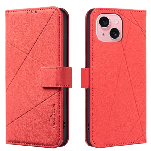 Wallet Handyhülle für iPhone 15, RFID Anti-Diebstahl Brieftasche, Gepresste Kante Ledertasche Flip Cover Ständer Rot Wallet Handyhülle für iPhone 15, RFID Anti-Diebstahl Brieftasche, Gepresste Kante Ledertasche Flip Cover Ständer Rot von iTape