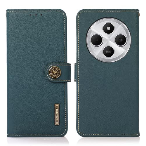 iTape Echt Leder Handyhülle für Xiaomi Redmi 14C 4G Rindsleder RFID Diebstahlschutz Bürste Handyhülle mit Kartenfach und Stoßfest Flip Cover Grün von iTape