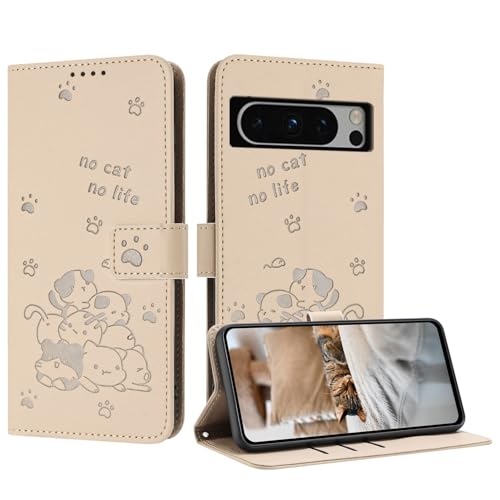 iTape Niedliche geprägte Kätzchen-Handyhülle für Google Pixel 8 Pro, mehrere Kartenfächer, Reißverschluss-Brieftasche, Flip-Ständer, Crossbody-Handschlaufe von iTape