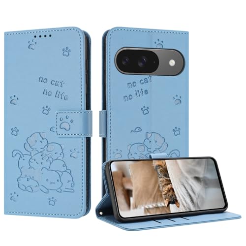 iTape Niedliche geprägte Kätzchen-Handyhülle für Google Pixel 9 Pro, mehrere Kartenfächer, Reißverschluss-Brieftasche, Klappständer, Crossbody-Handschlaufe, Blau von iTape