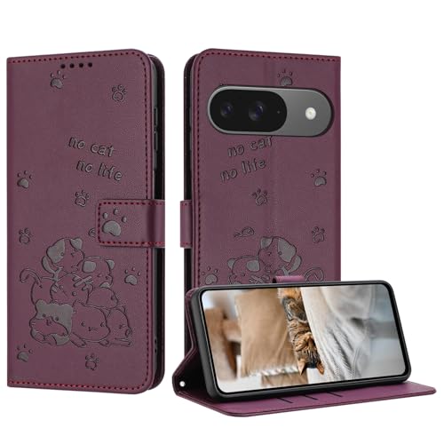iTape Niedliche geprägte Kätzchen-Handyhülle für Google Pixel 9 Pro, mehrere Kartenfächer, Reißverschluss-Brieftasche, Klappständer, Crossbody-Handschlaufe, Dunkelviolett von iTape