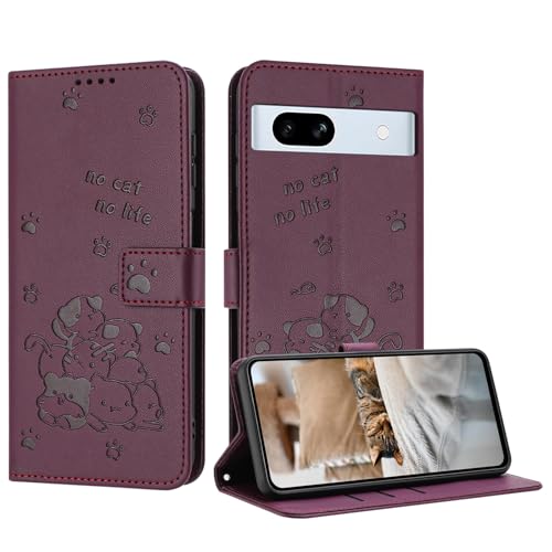 iTape Schutzhülle für Google Pixel 7a mit niedlichem geprägtem Kätzchen, mehrere Kartenfächer, Reißverschluss-Brieftasche, Klappständer, Crossbody-Handschlaufe, Dunkelviolett von iTape