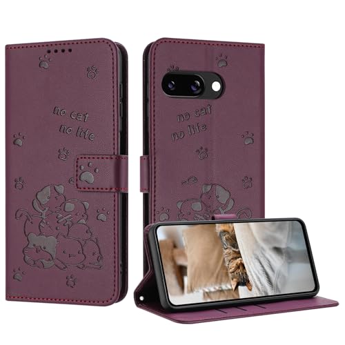 iTape Schutzhülle für Google Pixel 9a mit niedlichem geprägtem Kätzchen, mehrere Kartenfächer, Reißverschluss-Brieftasche, Klappständer, Crossbody-Handschlaufe, Dunkelviolett von iTape