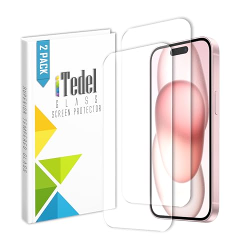 iTedel 2er Pack iPhone 15 Panzerglas Displayschutz mit einfacher Installation, Kratzfestigkeit, Anti-Fingerabdruck und universeller Kompatibilität mit iPhone 15 Pro Max Hülle von iTedel