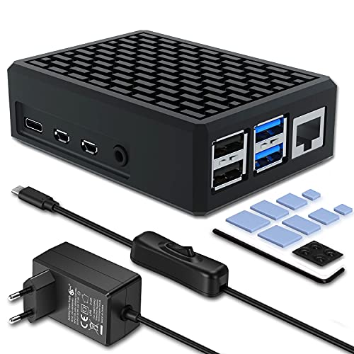 [5.1V 4.0A 20.4W] iUniker Raspberry Pi 4 Gehäuse mit Netzteil Passiv Kühlung mit USB-C EIN/AUS-Schalter Raspberry Pi 4 Netzteil für Raspberry Pi 4B 8GB/4GB/2GB von iUniker