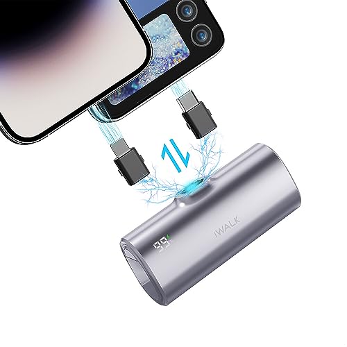 iWALK LinkPod Powerbank mit Austauschbaren Steckern 5000mAh, 20W Schnellladung Tragbares Ladegerät mit LCD-Anzeige, Klein Externer Akku Kompatibel mit iPhone 15 Pro Max/15 Pro/15/14/13/12/11/XR/8/7/6s von iWALK