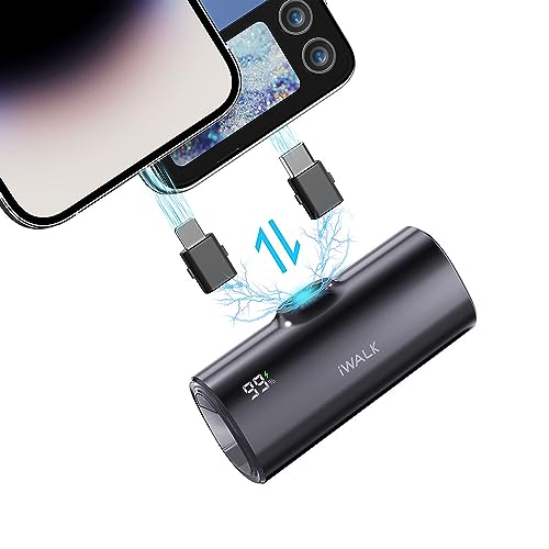 iWALK LinkPod Powerbank mit Austauschbaren Steckern 5000mAh, 20W Schnellladung Tragbares Ladegerät mit LCD-Anzeige, Klein Externer Akku Kompatibel mit iPhone 15 Pro Max/15 Pro/15/14/13/12/11/XR/8/7/6s von iWALK