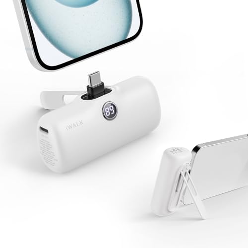 iWALK Powerbank USB-C 5000mAh, 20W Schnellladung Tragbares Power Bank mit Ständer, Klein Externer Akku，LCD Display，Kompatibel mit iPhone 15 Plus/15 Pro/15 Pro Max, Samsung,Weiß von iWALK