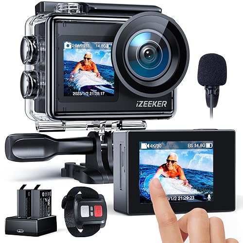 iZEEKER Action Cam 4K 24MP, Unterwasserkamera 40M Wasserdicht mit EIS,Dual-Screen-Kamera, Touchscreen, Vlog Camera, Helmkamera, WiFi, Fernsteuerung, Externes Mikrofon, 2X1350mAh Akkus, Zubehör Kit von iZEEKER