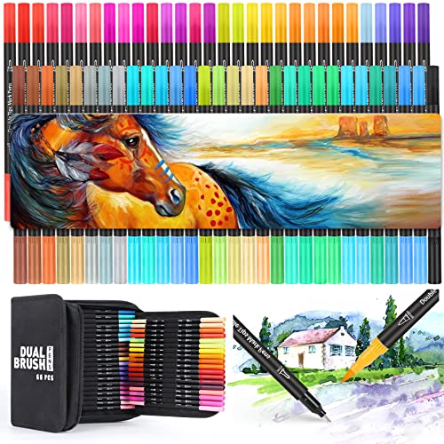 iaHOME Dual Brush Pen Set, 60 Farben Pinselstift mit Zwei Spitzen Doppelfasermaler Filzstifte 0,4 mm Fineliner 1-2 mm Fasermaler Aquarellstifte von iaHOME