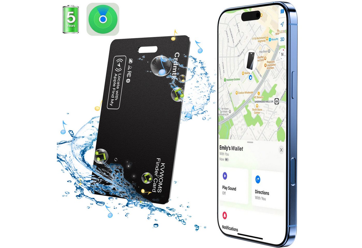 ibettertec Geldbörsen-Tracker-Karte,Air Tag Geldbörsenfinder,IP68 wasserdicht GPS-Tracker (funktioniert mit Apple Find My (nur iOS),Gegenstandsortierer) von ibettertec