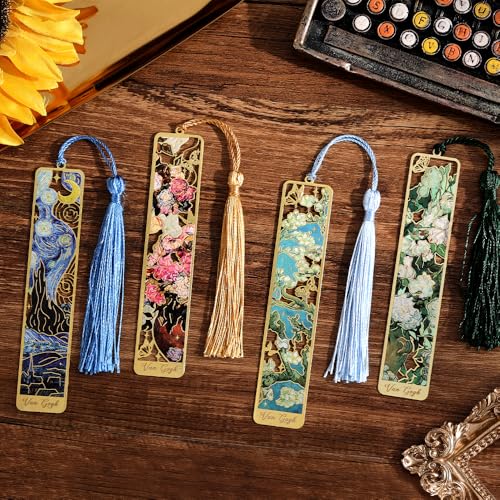 icceemee 4 Stück Gold Hohle Lesezeichen mit Quasten Van Gogh und Monet Ölgemälde Themen Perfekt für Buchliebhaber, Schriftsteller, Leser, Kinder, Jugendliche, Männer, Frauen und Erwachsene (4) von icceemee
