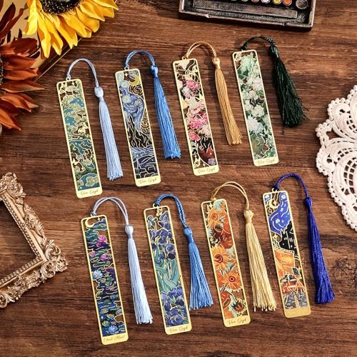 icceemee 8 Stück Gold Hohl Lesezeichen mit Quasten Van Gogh und Monet Ölgemälde Themen Perfekt für Buchliebhaber, Schriftsteller, Leser, Kinder, Jugendliche, Männer, Frauen und Erwachsene (8) von icceemee
