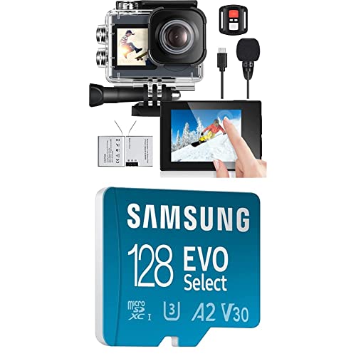 icefox Action Cam 4K Ultra HD 20MP Kamera Unterwasserkamera Wasserdicht 40M, Dunkelgrau & Samsung EVO Select microSD Speicherkarte (MB-ME128KA/EU), 128 GB, UHS-I U3, Full HD, 130MB/s Lesen von icefox