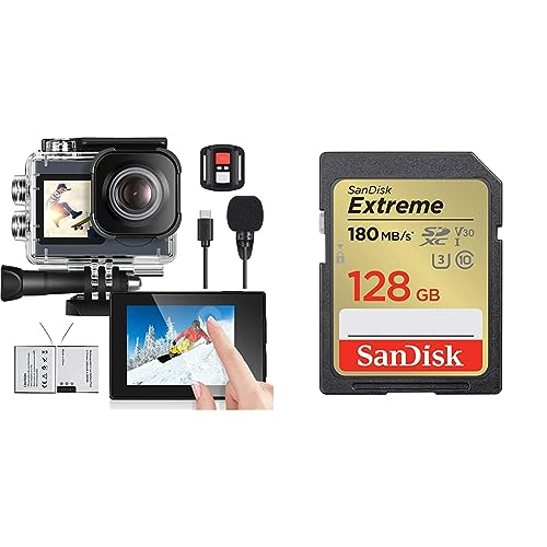 icefox Action Cam 4K Ultra HD 20MP Kamera Unterwasserkamera & SanDisk Extreme SDXC UHS-I Speicherkarte 128 GB von icefox