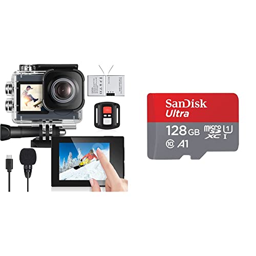 icefox Action Cam 4K Unterwasserkamera Wasserdicht 40M Ultra HD 20MP Kamera 170 Degree & SanDisk Ultra Android microSDXC UHS-I Speicherkarte 128 GB + Adapter von icefox