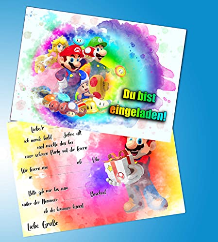 ich 0026 Einladungskarten 10er-Set, 10 Umschläge für Kindergeburtstage, kompatibel mit Super Mario, Format DIN A6, Postkarte 148 x 105 mm von ich