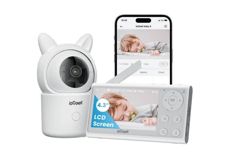 ieGeek Babyphone Babyphone mit 2 Kameras 4.3 Zoll, 1080P Video Babyphone mit Halterung, PTZ 355°, Automatische Verfolgung, Bewegungs/Geräuscherkennung, 4×Zoom,1000 Fuß Reichweite,Alarmzone, Temperaturanzeige,Mobile App Steuerung,940-nm-IR-Automatiklichtern von ieGeek