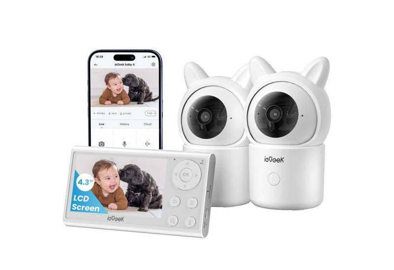 ieGeek Babyphone Babyphone mit 2 Kameras 4.3 Zoll, 1080P Video Babyphone mit Halterung, PTZ 355°, Automatische Verfolgung, Bewegungs/Geräuscherkennung, 4×Zoom,1000 Fuß Reichweite,Alarmzone, Temperaturanzeige,Mobile App Steuerung,940-nm-IR-Automatiklichtern von ieGeek
