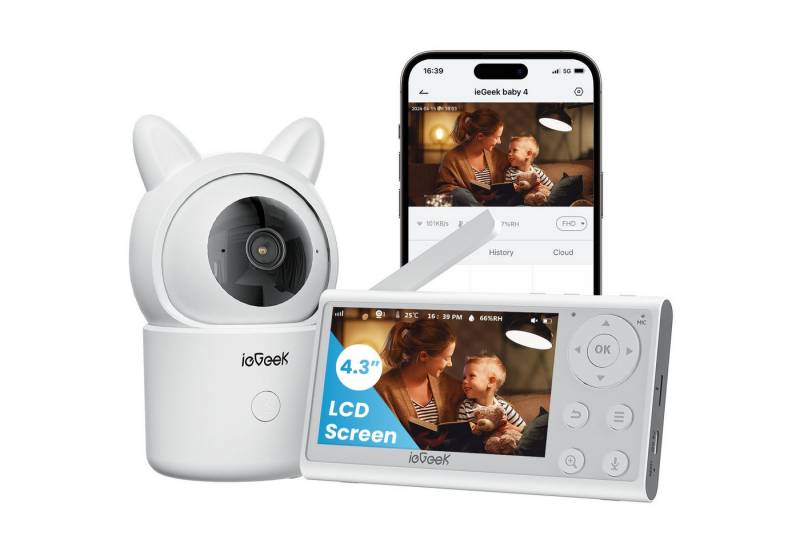 ieGeek Video-Babyphone Babyphone mit 2 Kameras 4.3 Zoll, 1080P Video Babyphone mit Halterung, PTZ 355°, Automatische Verfolgung, Bewegungs/Geräuscherkennung, 4×Zoom,1000 Fuß Reichweite,Alarmzone, Temperaturanzeige,Mobile App Steuerung,940-nm-IR-Automatiklichtern von ieGeek
