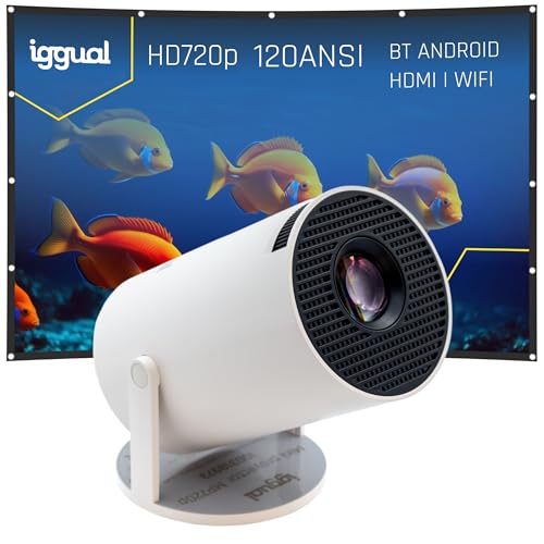 Iggual Tragbarer Projektor mit 254 cm (100 Zoll), Mini-Projektor MP720P mit Android TV, HDMI, WLAN und Bluetooth 5.0, 120 Lumen ANSI Projektor mit vertikaler Korrektur, 180° drehbar und interner von iggual