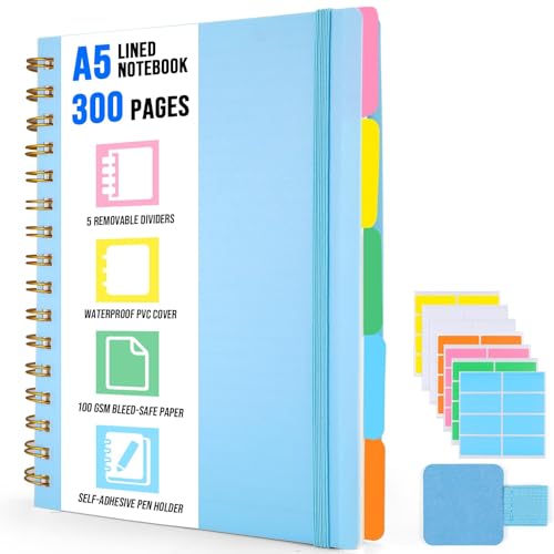 ihaspoko A5 Spiral Notizbuch Liniert, 5 Herausnehmbaren Trennblätter, Hart-PVC Einband, 300 Blatt 100GSM, für Arbeit/Büro/Unterwegs/Schule/Alltag von ihaspoko