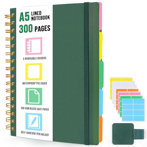 ihaspoko A5 Spiral Notizbuch Liniert, 5 Herausnehmbaren Trennblätter, Hart-PVC Einband, 300 Blatt 100GSM, für Arbeit/Büro/Unterwegs/Schule/Alltag von ihaspoko