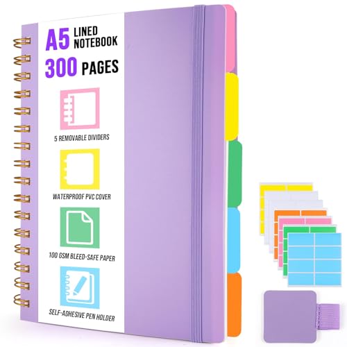 ihaspoko A5 Spiral Notizbuch Liniert, 5 Herausnehmbaren Trennblätter, Hart-PVC Einband, 300 Blatt 100GSM, für Arbeit/Büro/Unterwegs/Schule/Alltag von ihaspoko