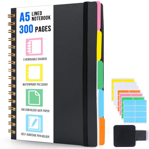 ihaspoko A5 Spiral Notizbuch Liniert, 5 Herausnehmbaren Trennblätter, Hart-PVC Einband, 300 Blatt 100GSM, für Arbeit/Büro/Unterwegs/Schule/Alltag von ihaspoko