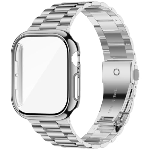 iiteeology Kompatibel mit Apple Watch Armband 45 mm Serie 7, verbessertes Edelstahl-Glieder-Ersatzband mit iWatch-Displayschutzfolie, silberfarben/silberfarben iiteeology Kompatibel mit Apple Watch Armband 45 mm Serie 7, verbessertes Edelstahl-Glieder-Ersatzband mit iWatch-Displayschutzfolie, silberfarben/silberfarben von iiteeology