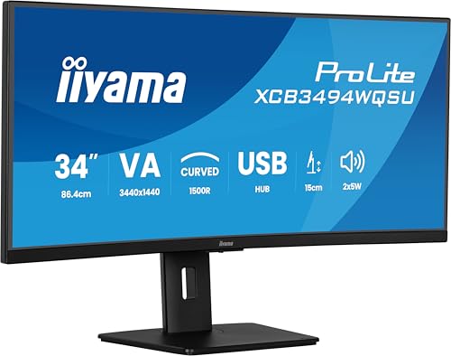 iiyama Prolite XCB3494WQSU-B1 Curved 1500R 86,7cm 34 Zoll VA LED-Monitor UWQHD HDMI DP USB3.2 USB-C 7.5W Adaptive Sync Höhenverstellung schwarz iiyama Prolite XCB3494WQSU-B1 Curved 1500R 86,7cm 34 Zoll VA LED-Monitor UWQHD HDMI DP USB3.2 USB-C 7.5W Adaptive Sync Höhenverstellung schwarz von iiyama