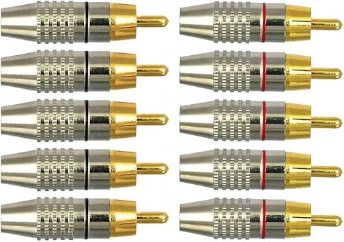 ikarex-shop 10x RCA Stecker 5x Rot, 5x Schwarz Audio Hifi vergoldet Verbinder Lautsprecher Phono Cinch Terminal Metallgehäuse Gold Schraube von ikarex-shop