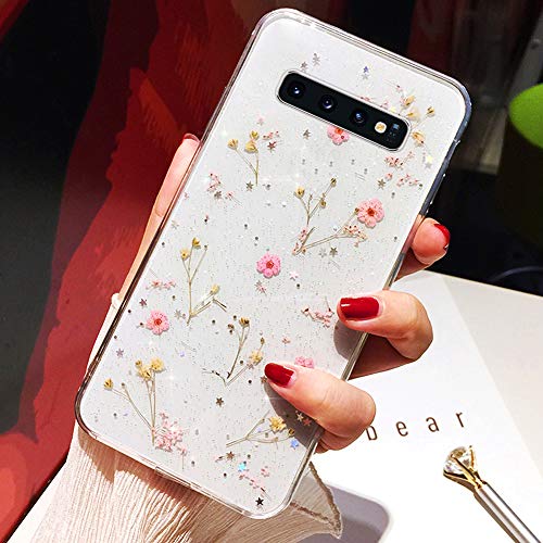 Glitzer Hülle für Galaxy S10 Plus Hülle,Bling Glänzend Glitzer Kristall Bunte Getrocknete Blumen TPU Silikon Handyhülle Schutzhülle Schutz Handy Hülle Case Tasche für Galaxy S10 Plus Hülle,Rosa von ikasus