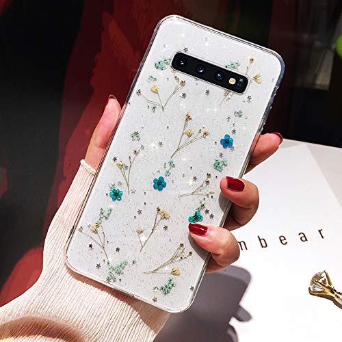 Glitzer Hülle für Galaxy S10 Plus Hülle,Bling Glänzend Glitzer Kristall Bunte Getrocknete Blumen TPU Silikon Handyhülle Schutzhülle Schutz Handy Hülle Case Tasche für Galaxy S10 Plus Hülle,Blau von ikasus