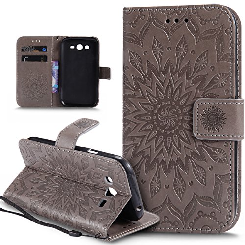 Kompatibel mit Galaxy Grand Neo Plus Hülle,Prägung Mandala Blumen Sonnenblume PU Lederhülle Flip Hülle Cover Ständer Etui Wallet Tasche Case Schutzhülle für Galaxy Grand Neo Plus I9060 / I9082,Grau von ikasus