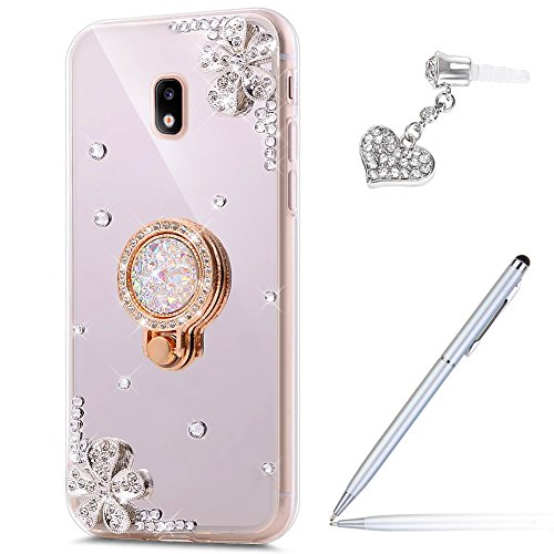 Kompatibel mit Galaxy J3 2017 Hülle,[Ring Ständer] Glänzend Glitzer Kristall Strass Diamant Blumen Muster Überzug Spiegel TPU Silikon Handy Hülle Tasche Case Schutzhülle für Galaxy J3 2017 J330,Silber von ikasus
