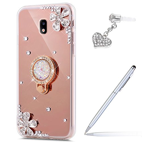 Kompatibel mit Galaxy J3 2017 Hülle,[Ring Ständer] Glänzend Glitzer Kristall Strass Diamant Blumen Überzug Spiegel TPU Silikon Handy Hülle Tasche Case Schutzhülle für Galaxy J3 2017 J330,Rose Gold von ikasus