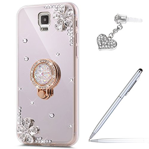 Kompatibel mit Galaxy S5 Hülle,Galaxy S5 Neo Hülle,[Ring Ständer] Glänzend Glitzer Kristall Strass Diamant Blumen Überzug Spiegel TPU Silikon Handy Hülle Tasche Case Schutzhülle/S5 Neo Hülle,Silber von ikasus