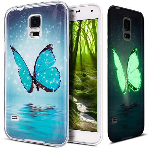 Kompatibel mit Galaxy S5 Hülle,Galaxy S5 Neo Hülle,Galaxy S5/S5 Neo Schutzhülle,Bunte Gemalt [Leuchtend Luminous] Handyhülle TPU Silikon Hülle Handy Hülle Tasche Schutzhülle,Blau Schmetterling von ikasus