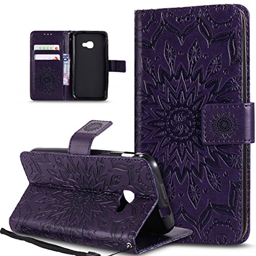 Kompatibel mit Galaxy Xcover 4 Hülle,Galaxy Xcover 4 Schutzhülle,Prägung Mandala Blumen Sonnenblume PU Lederhülle Flip Hülle Cover Ständer Etui Wallet Tasche Case Schutzhülle für Galaxy Xcover 4,Lila von ikasus