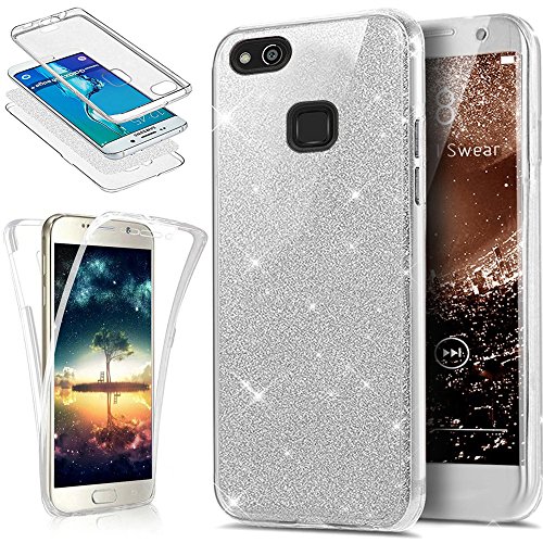 Kompatibel mit Huawei P10 Lite Hülle Schutzhülle Case,Full-Body 360 Grad Bling Glänzend Glitzer Durchsichtige TPU Silikon Hülle Handyhülle Tasche Front Cover Schutzhülle für Huawei P10 Lite,Silber von ikasus