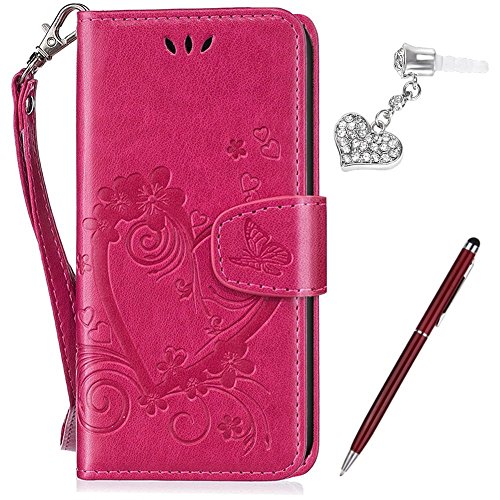 Kompatibel mit Huawei P20 Lite Hülle,Huawei P20 Lite Schutzhülle,Prägung Liebes Herz Blumen PU Lederhülle Flip Hülle Handyhülle Ständer Tasche Wallet Case Schutzhülle für Huawei P20 Lite,Rose Red von ikasus