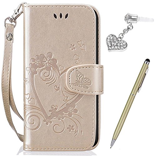 Kompatibel mit Huawei P20 Lite Hülle,Huawei P20 Lite Schutzhülle,Prägung Liebes Herz Schmetterlings Blumen PU Lederhülle Flip Hülle Handyhülle Tasche Wallet Case Schutzhülle für Huawei P20 Lite,Gold von ikasus