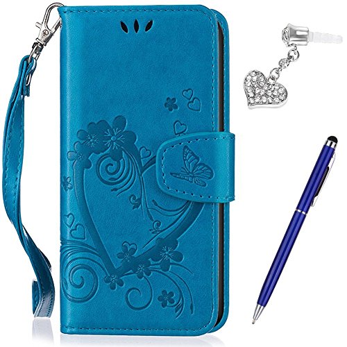 Kompatibel mit Huawei P20 Lite Hülle,Huawei P20 Lite Schutzhülle,Prägung Liebes Herz Schmetterlings Blumen PU Lederhülle Flip Hülle Handyhülle Tasche Wallet Case Schutzhülle für Huawei P20 Lite,Blau von ikasus