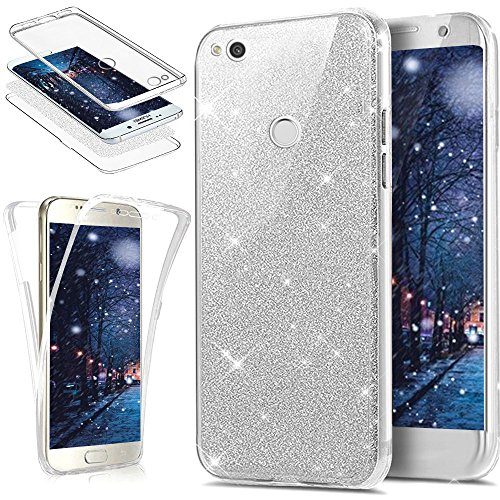 Kompatibel mit Huawei P8 Lite 2017 Hülle,Full-Body 360 Grad Bling Glänzend Glitzer Klar Durchsichtige TPU Silikon Hülle Handyhülle Tasche Case Front Cover Schutzhülle für Huawei P8 Lite 2017,Silber von ikasus